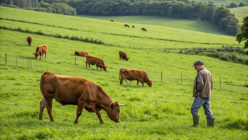 Brown cattle grazing in lush green pasture with farmer in background