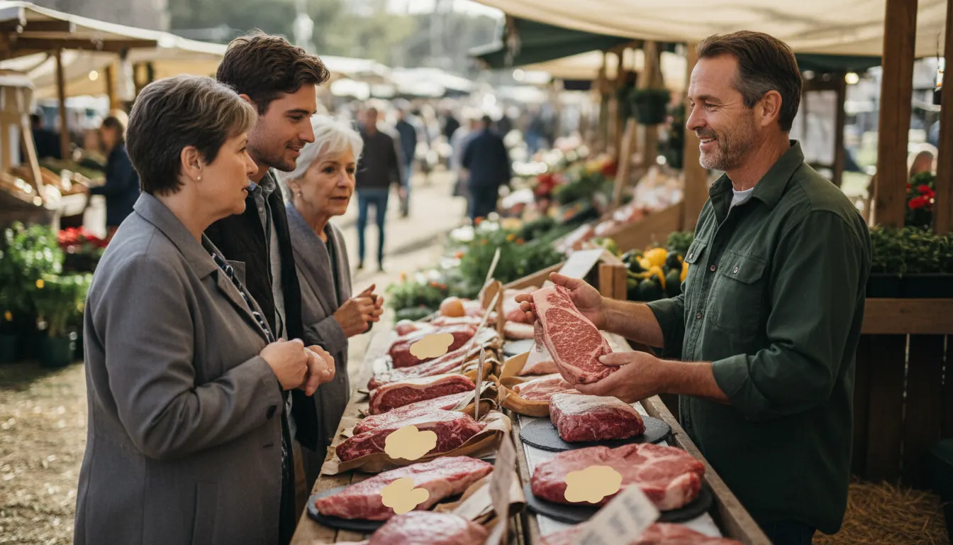 Farmer meeting with customers at farmers market displaying grass-fed beef products