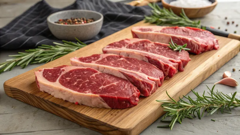 Fresh cuts of grass-fed beef displayed on wooden cutting board