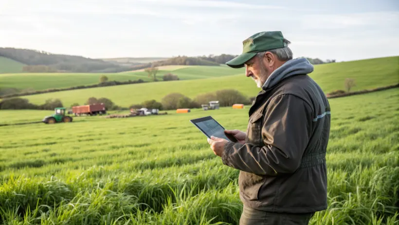 Farmer analyzing pasture data and weather forecasts on tablet in field