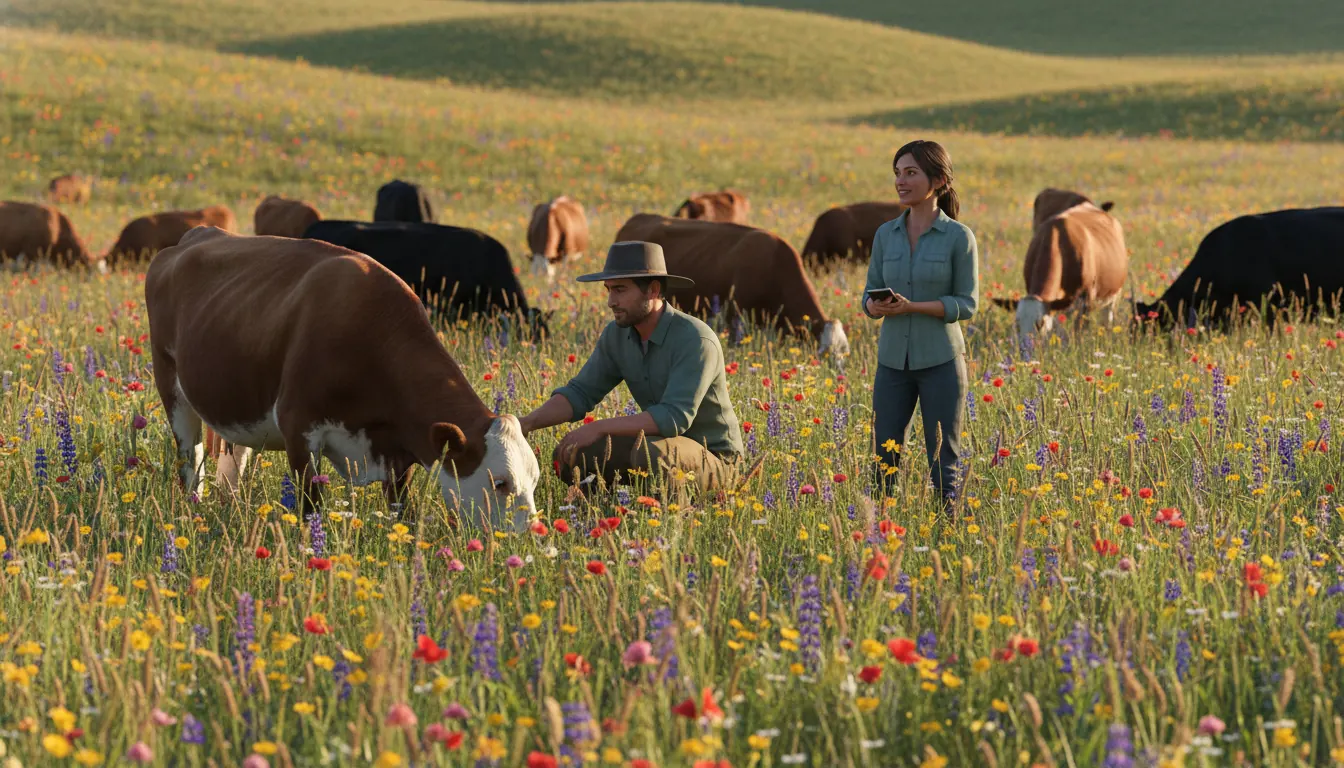Biodiverse pasture with cattle grazing among wildflowers and native grasses