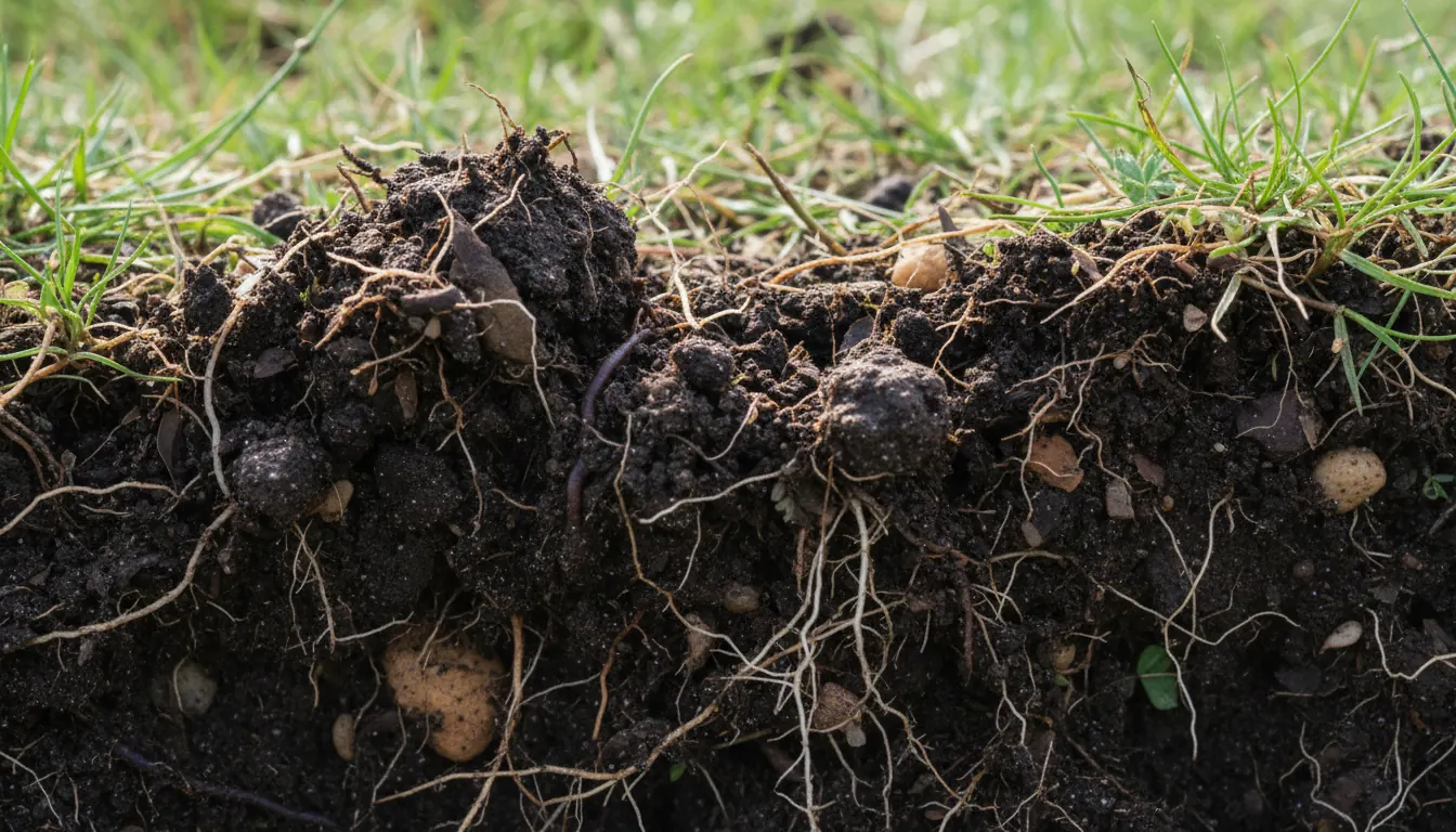 Close-up of healthy pasture soil showing rich organic matter and root systems