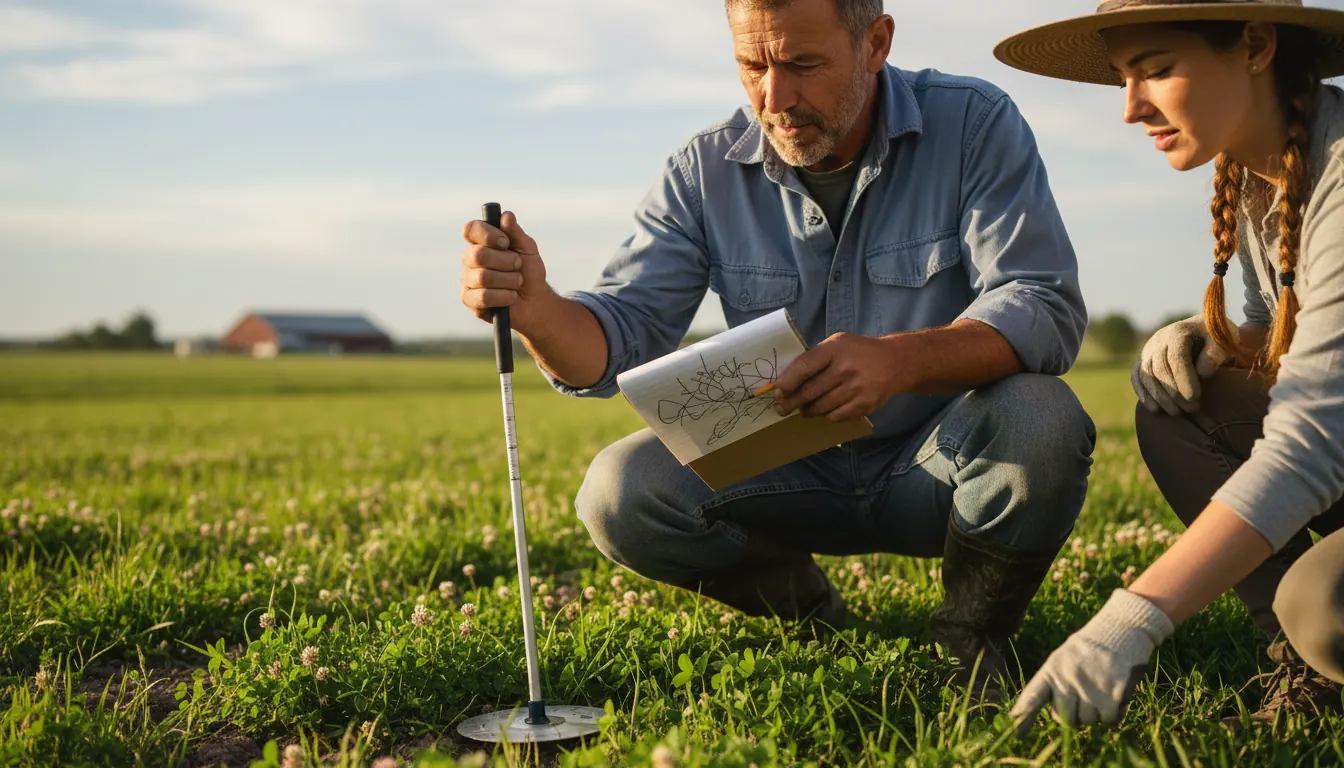 Farmer measuring pasture height and recording plant species composition
