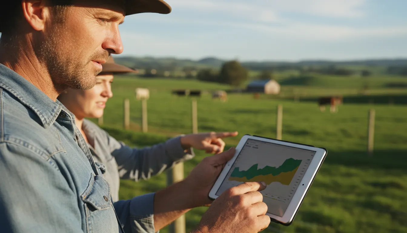 Farmer analyzing pasture data and making strategic grazing decisions