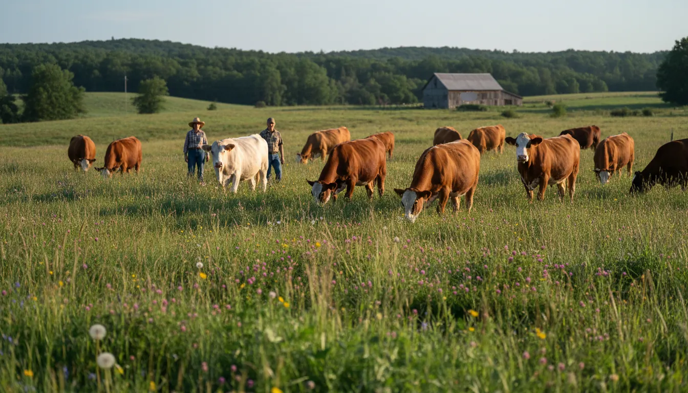 Diverse pasture with multiple forage species and cattle grazing peacefully