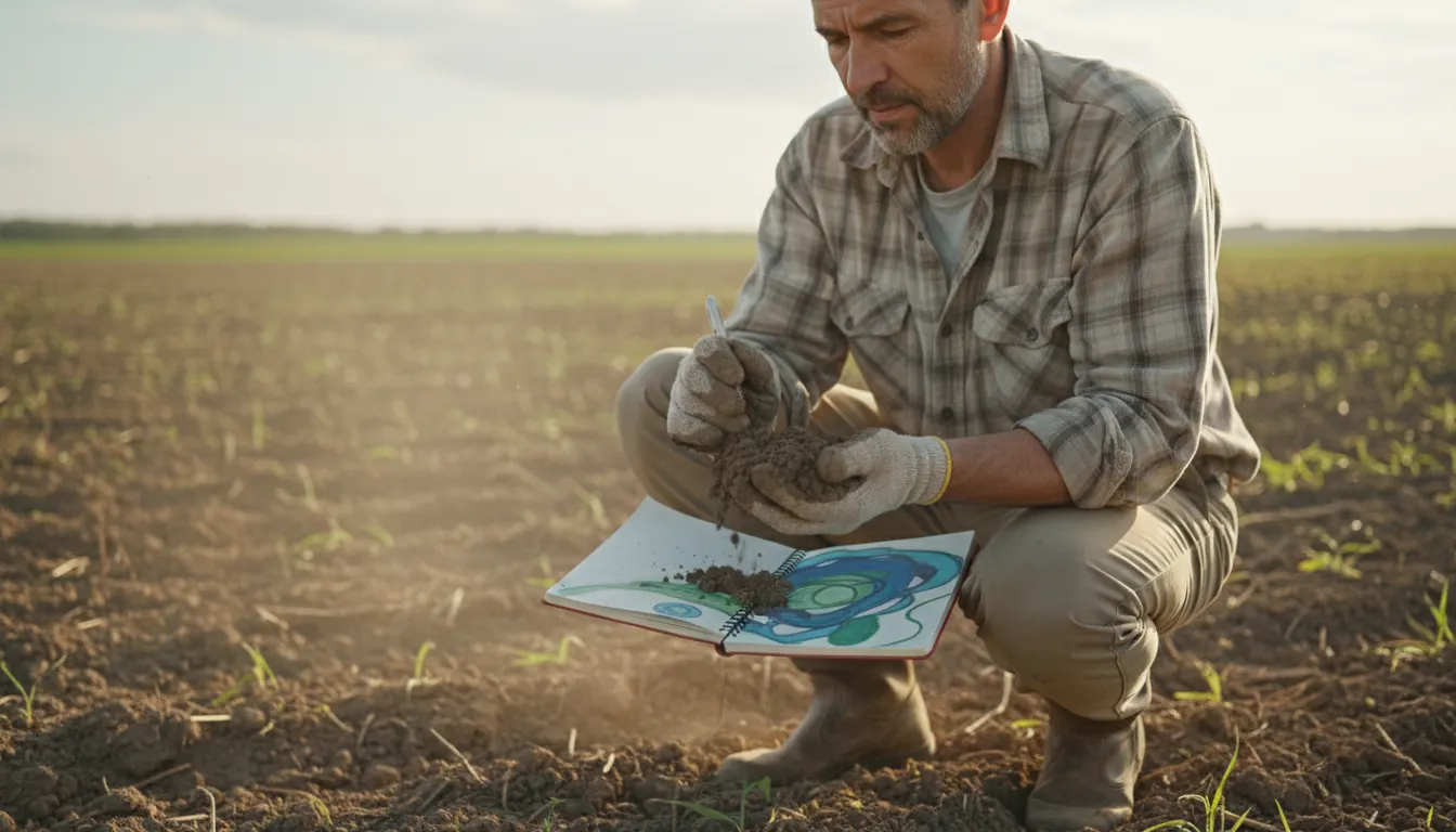 Farmer examining soil quality and recording data in field notebook