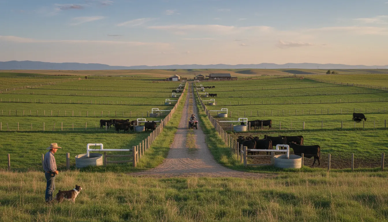 Well-organized farm showing paddock divisions, water systems, and cattle lanes