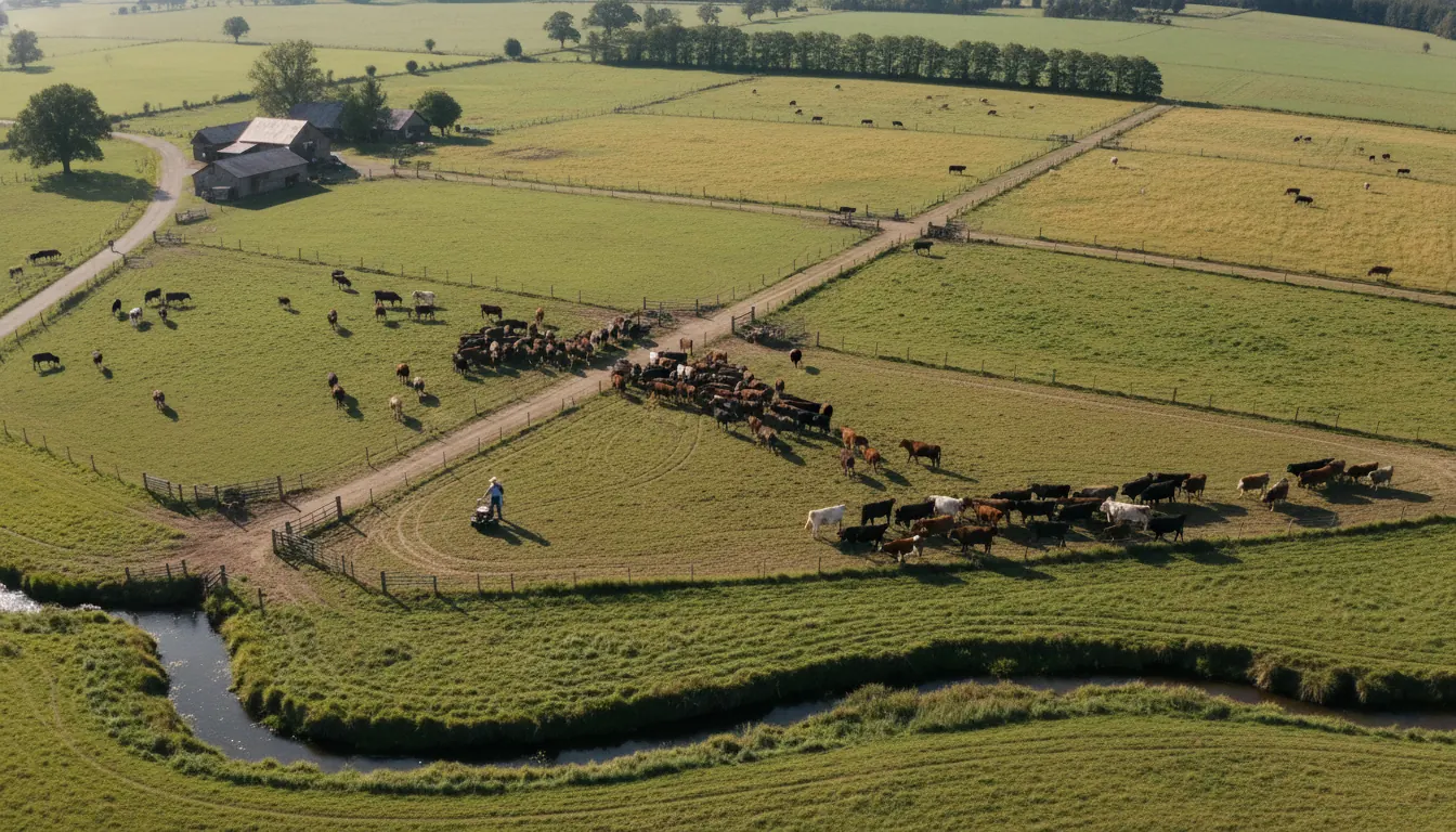 Aerial view of farm showing multiple paddocks with cattle rotating through sections