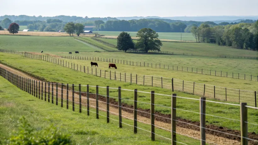 Divided pasture paddocks with electric fencing and cattle in distance